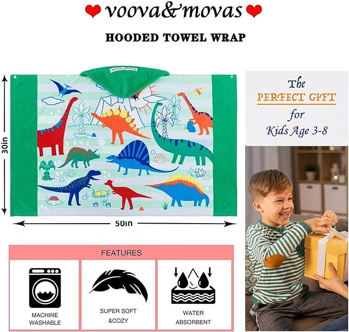 VOOVA & MOVAS Toddler Beach Towels with Hood, Age 3-8, 30''X50'',100% Cotton | Thick | Absorbent, Beach | Pool | Bath | Bathroom | Swim Towel | Wearable Wrap for Boys, Dinosaur Easter Basket Stuffers