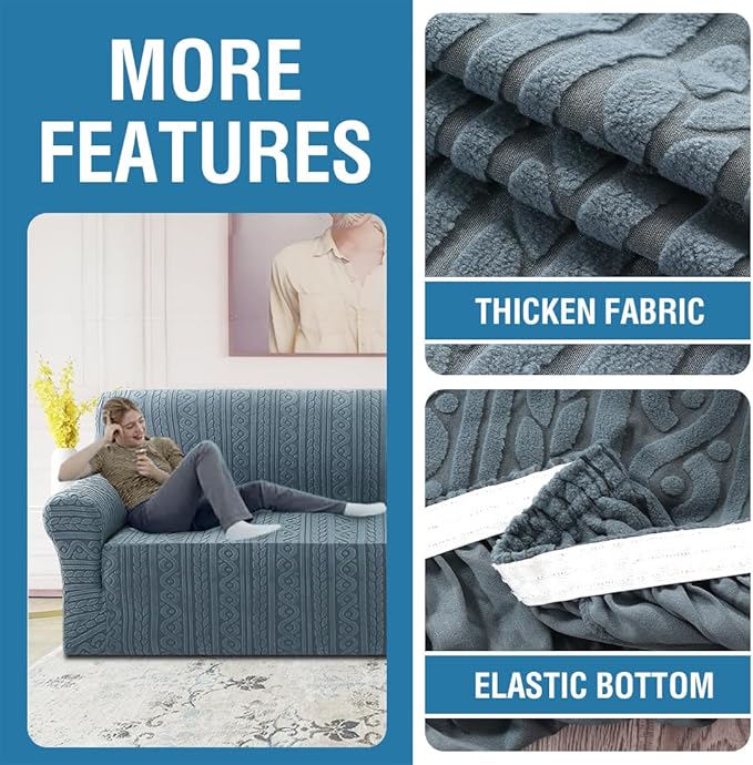 H.VERSAILTEX Jacquard Couch Slip Cover 1 Piece High Stretch Sofa Covers Furniture Protector Anti-Slip Soft Thickened Sofa Cover Washable Spiral Pattern(Sofa, Stone Blue)