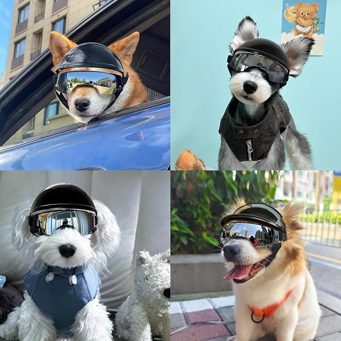 LESYPET Dog Helmet and Goggles for Small Dogs, UV Protection Dog Sunglasses Eye Protection Pet Motorcycle Helmet with Ear Hole for Riding, Windproof Dogs Goggles and Helmet Set, Silver and Black