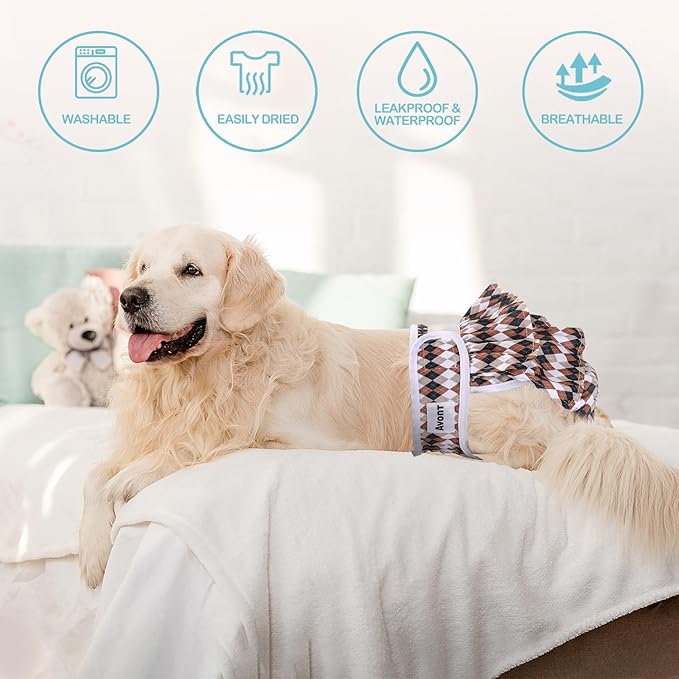 Avont 3 Pack Washable Female Dog Diapers, Reusable Period Diapers Cover for Girl Doggies Heat Cycle, Incontinence -Pink/Black/Brown Plaid(L)