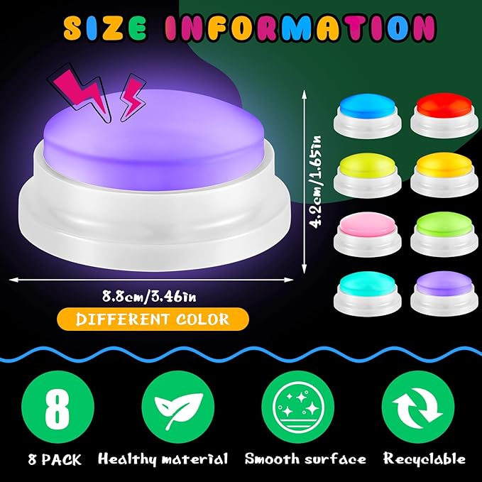 Honoson 8 Pack Recordable Answer Buzzers Button Custom Programmable Sound Buttons Funny Birthday Gifts for Family Trivia Nights Classroom Communication Study Home Office Game(Classic Color)