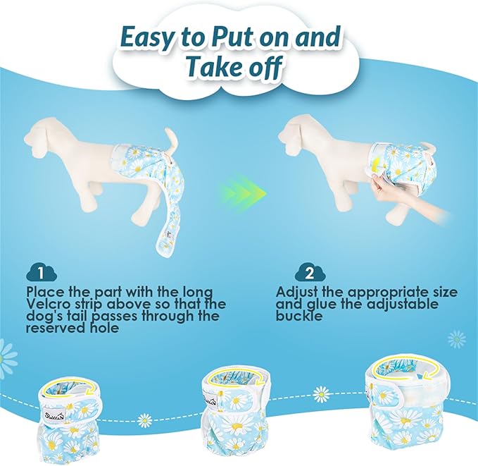 SlowTon Washable Dog Diapers Female - 3 Pack No Leak Reusable Doggie Puppy Diaper with Adjustable Buttons, Comfortable Female Dog Diapers for Heat Cycle Period Small Medium Large Dogs (S)