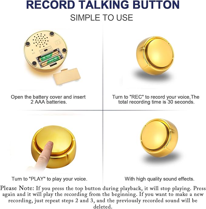Gold Recordable Button - Easy 30 Sec Talking Button Easy Button Answer Buzzers Custom Sound Button for Dogs Training Classroom Study Office Home Game