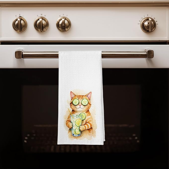 Funny Cocktail Orange Cat Kitchen Towels, Orange Tabby Cat Gifts Dish Tea Towels for Bar Cart Kitchen, Cocktail Lovers Gifts Decorative Hand Towel for Bathroom, 16x24 Inches