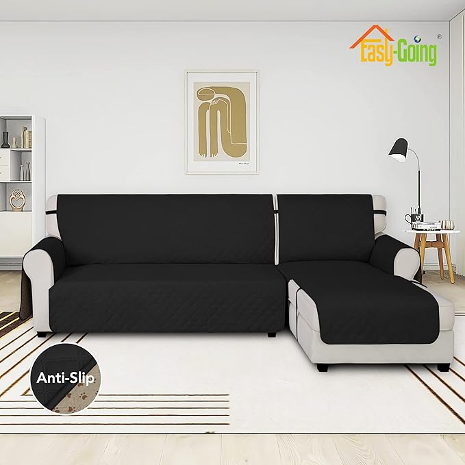 Easy-Going Waterproof Sectional Couch Covers with Chaise 2-Piece Non Slip L Shape Sofa Cover for Dogs Leakproof Furniture Protector Cover with Adjustable Strap for Pets (X-Large, Black)