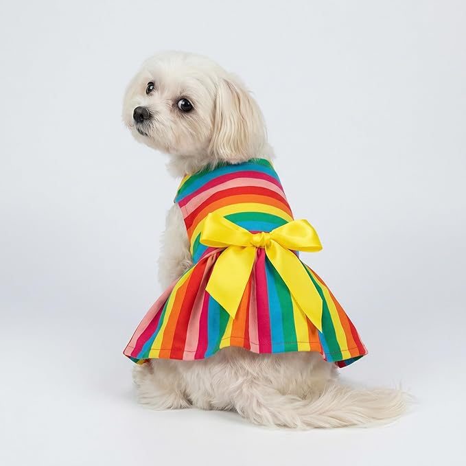 Fitwarm Rainbow Striped Dog Dress, Summer Dog Clothes for Small Dogs Girl, Pet Cat Outfit, 100% Breathable Cotton, Red Yellow Blue, Small