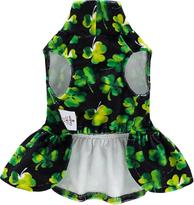 CuteBone Turtleneck Dog Velvet Dress St. Patrick's Day Four Leaf Clover Puppy Skirt Costume Pet Clothes Cat Apparel with Bow Hair Rope for Small Dogs CVD20L