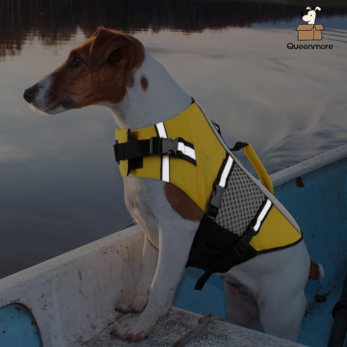 Queenmore Dog Life Jacket Swimming Vest Small Medium Dogs Neoprene Life Vest Lightweight Reflective Dog Lifesaver for Boating Kayaking Yellow,S