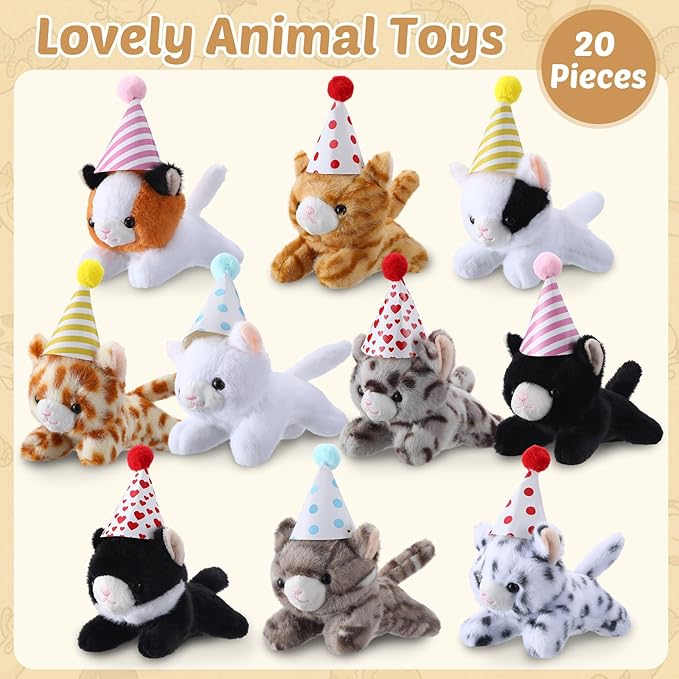 20 Set Cat Stuffed Animals Bulk with Birthday Hats Kraft Paper Boxes Mini Plush Toys Small Stuffed Kittens Adopt Pet Gift for Adoption Event Animal Theme Birthday Party (Lying Cat)