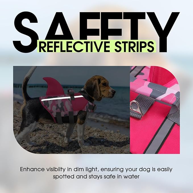 SUNFURA Dog Life Jacket Shark Life Vest for Dogs, Adjustable Swmming Vest with High Buoyancy, Safety Lifesaver with Rescue Handle for French Bulldog Small Medium Breeds, PinkCamo XS
