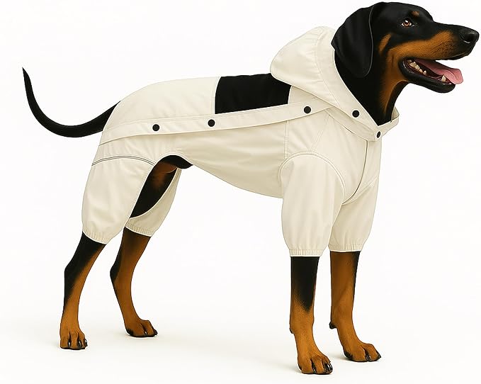 LOVELONGLONG Waterproof Dog Raincoat with Removable Hood – Outdoor Full Body Dog Jacket, Windproof Snowproof Shell Suit – All Season Pet Rain Gear Ivory S+