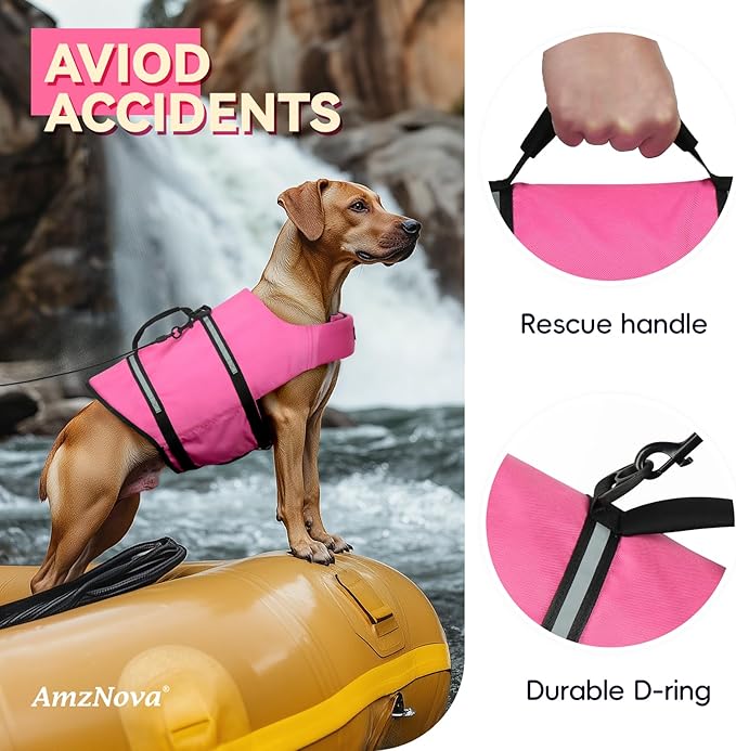 AMZNOVA Rip Stop Dog Life Jacket, Dog Life Vest for Swimming & Boating, Lightweight & Buoyancy for Doggy Puppy, Lifejacket with Handle, XL, Pink