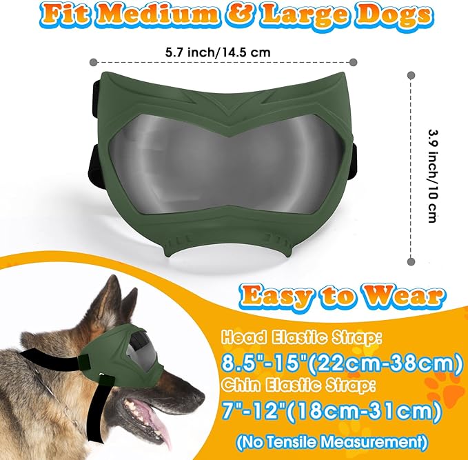 Dog Goggles, UV Protection, Windproof, Dustproof, Anti-Fog Dog Sunglasses for Large & Medium Dogs, Lightweight TPE Frame with Adjustable Strap, Stylish Outdoor Protection (Olive Green)