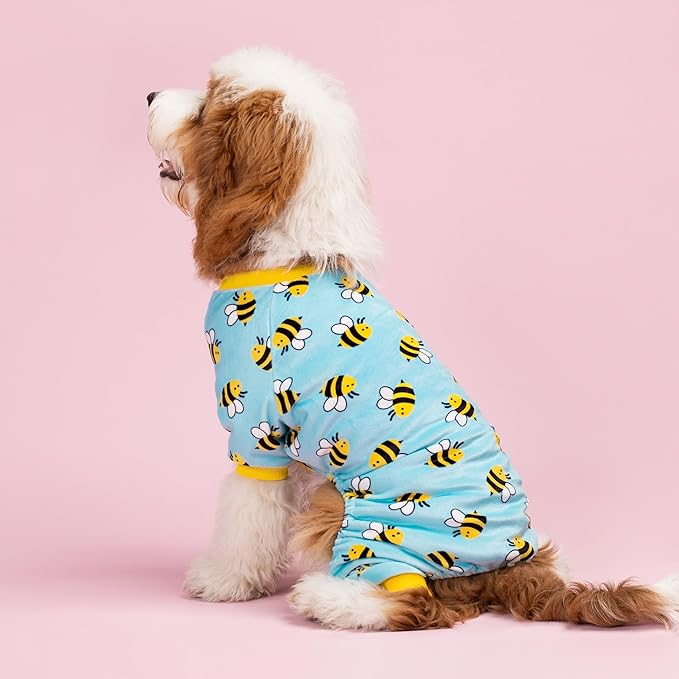 Fitwarm Funny Bee Fleece Dog Pajamas, Warm Winter Dog Clothes for Small Dogs Boy Girl, Cozy Pet Onesie with Feet, Light Blue, XL