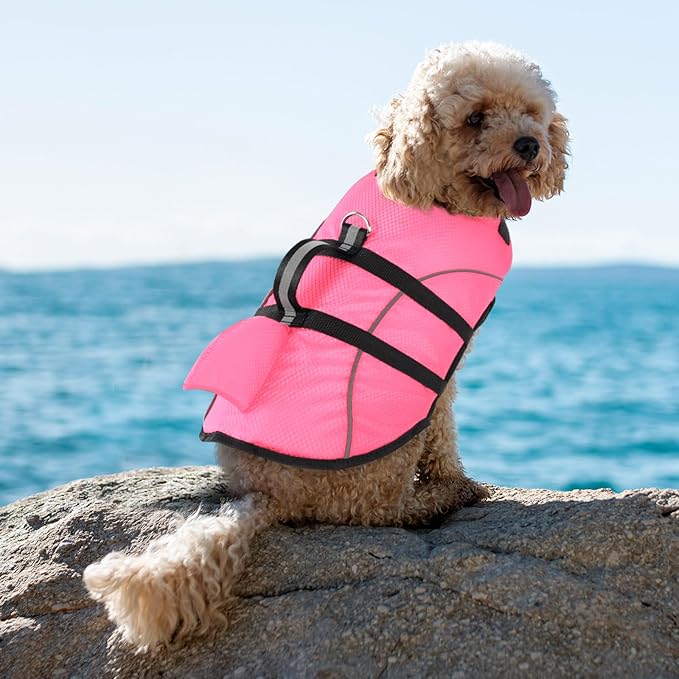 Queenmore Small Dog Life Jacket,Shark Dog Life Vest for Swimming,Puppy Light Life Preserver for Boating Kayaking Canoeing,Pet Reflective Lifesaver with High Buoyancy,Rescue Handle,Leash Hook (Pink,S)