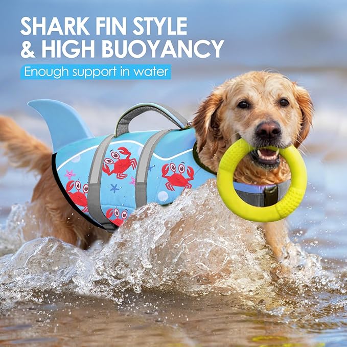 AOFITEE Dog Life Jacket, Dog Life Vest for Swimming, Shark Dogs Swimming Vest with Rescue Handle and Reflective Stripe, Ripstop Pet Float Coat Swimsuit Lifesaver Small Medium Large Dogs Blue Crab XL