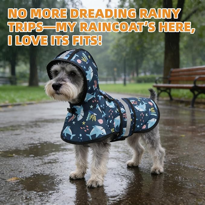 KOOLTAIL Dog Raincoat Hooded Slicker Poncho with Leash Hole, Dog Raincoat for Small Medium Dogs,Waterproof Plush Fleece Lining Pet Rain Jacket with Reflective Adjustable Strip Puppy Rainwear Shark M
