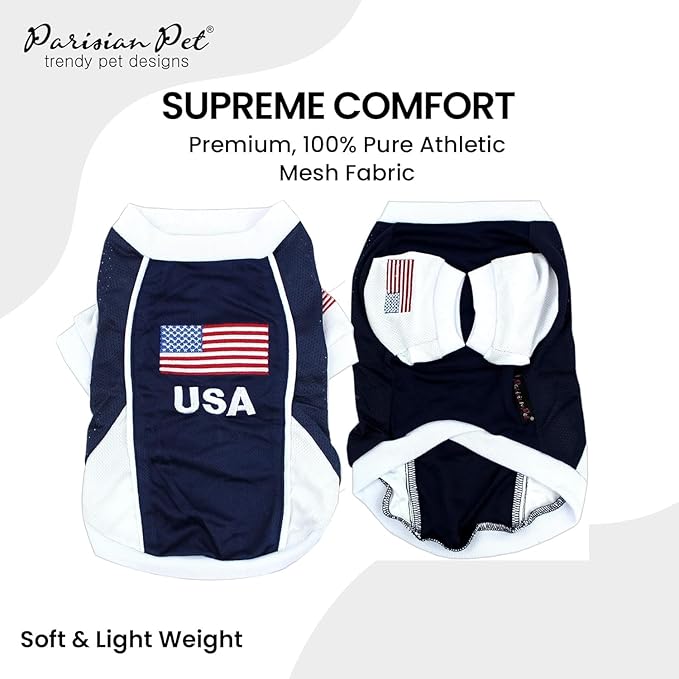 Parisian USA Dog Jersey - Breathable Mesh Puppy Football Jersey - Lightweight Stretch Sporty Dog Clothes - Summer Shirts for Large Dogs - Soccer Jersey for Dogs - Sportswear Pet Clothes