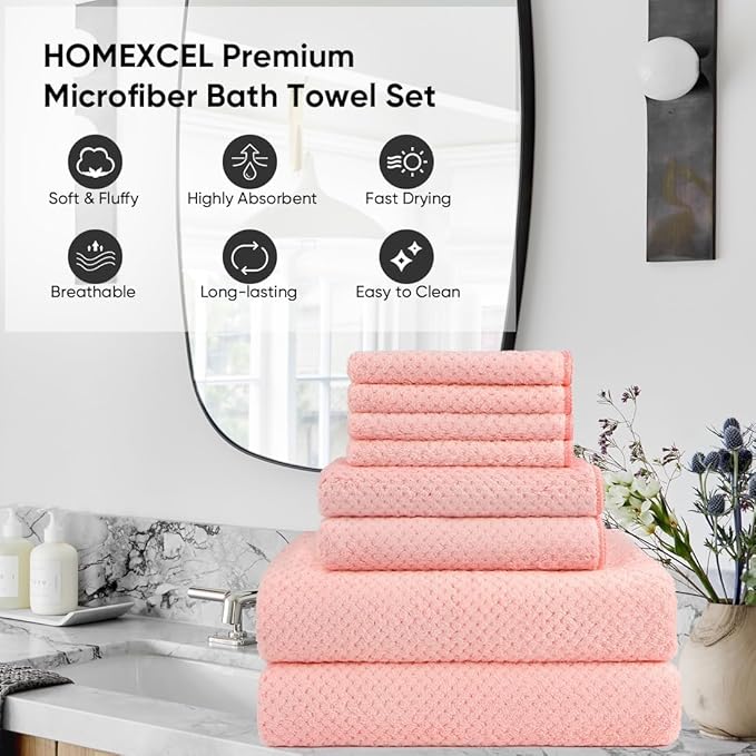 HOMEXCEL 8 Piece Bath Towel Set, Microfiber Bathroom Towel - 2 Bath Towels, 2 Hand Towels, and 4 Wash Cloths, Super Soft, Highly Absorbent Towels for Bathroom, Gym, Hotel, and Spa, Pink