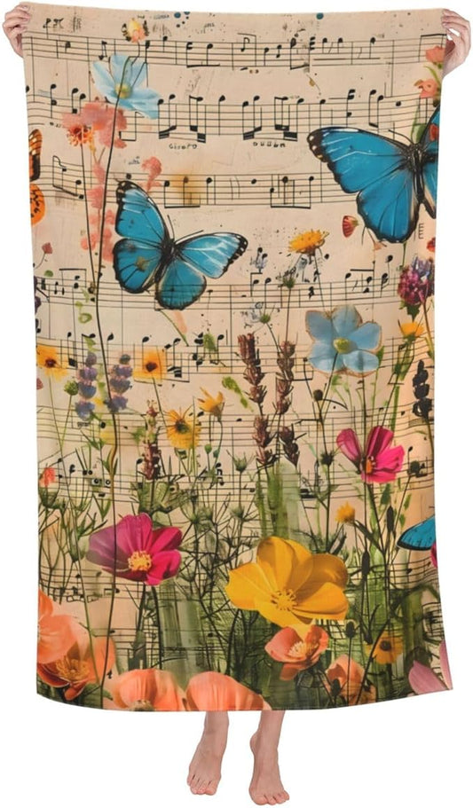 Butterfly and Music Beach Towel 31inx51in, Floral and Musical Sand-Free Microfiber Bath Towel Ultra Soft Quick Dry Pool Towel Absorbent Towel Lightweight Towel for Swimming Bathroom Decor