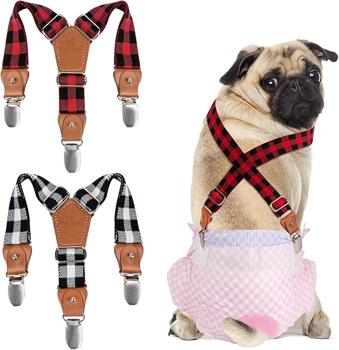 Pet Soft Dog Suspenders 2 Pieces Female Dog Diaper Suspenders for Dogs Diaper Keeper Suspender for Dogs Skirt, Dress, Diapers (Plaid, XS/S)