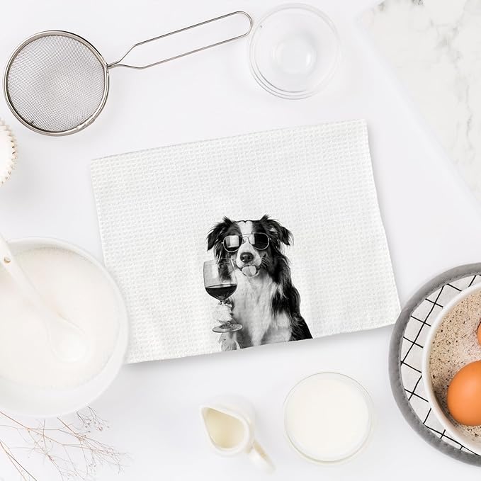 Border Collie Gifts Wine Kitchen Towels, Gifts for Border Collie Dog Wine Lovers Decorative Hand Dish Tea Towel for Kitchen Home Bar, Funny BordeCollie Dog Owners Home Bar Decor(16x24In)