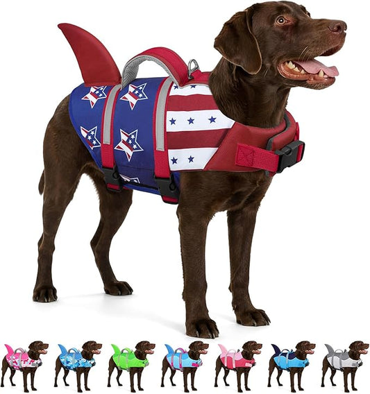 AOFITEE Dog Life Jacket, Dog Life Vest for Swimming, High Flotation Large Dogs Swim Vest with Rescue Handle and Reflective Stripe, Dogs Lifesaver Swimsuit for Boating Summer Pool Beach, USA Flag XL