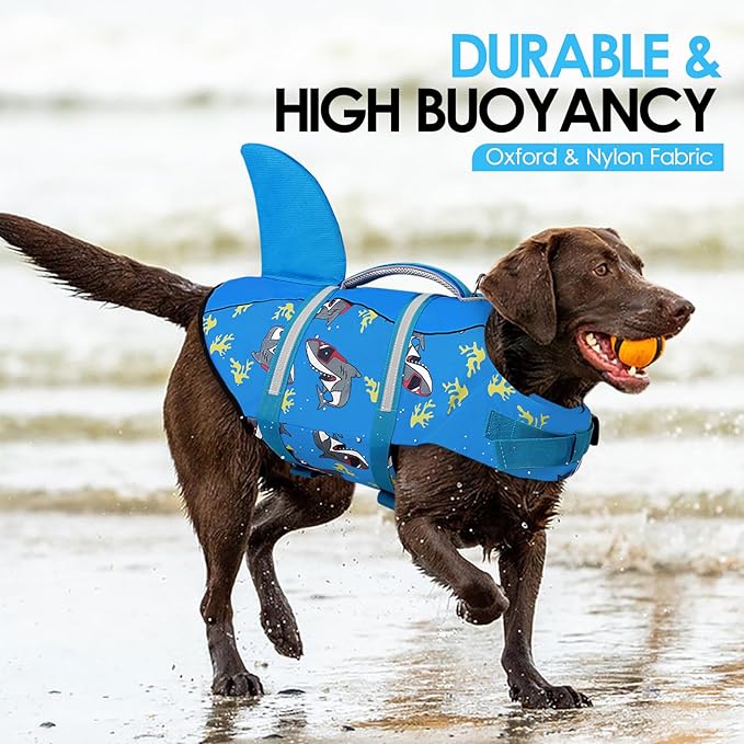 AOFITEE Dog Life Jacket, Shark Dog Life Vest for Swimming Boating, High Flotation Pet Lifesaver with Rescue Handle, Reflective French Bulldog Lifejacket, Swim Vest for Small Medium Large Dogs, M