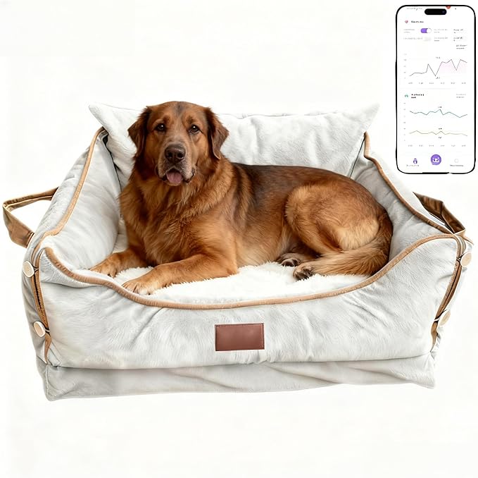 Smart Pet Bed with Health Monitoring System, Gray Orthopedic Dog Sofa, Digital Display, Heart Rate Detection, Sleep Tracking, Cloud Connected (Gray, X-Large)