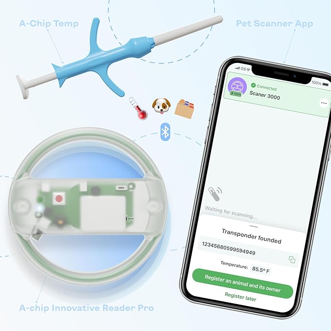 Microchip Scanner - RFID Reader - Chip Pet Scanners with Registration and Temperature Monitoring Seamless Animal ID Integration for Animals, Dogs, Cats, Puppy, Kitten (FBM)
