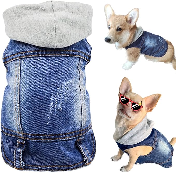 Pet Clothes Dog Jeans Jacket Cool Blue Denim Hoodie Coat, Puppy Clothing Shirt Costume, Doggy Vintage Washable Lapel Vest, Dog Classic T-Shirt Apparel for Small Medium Dogs Cats (Blue, X-Small)