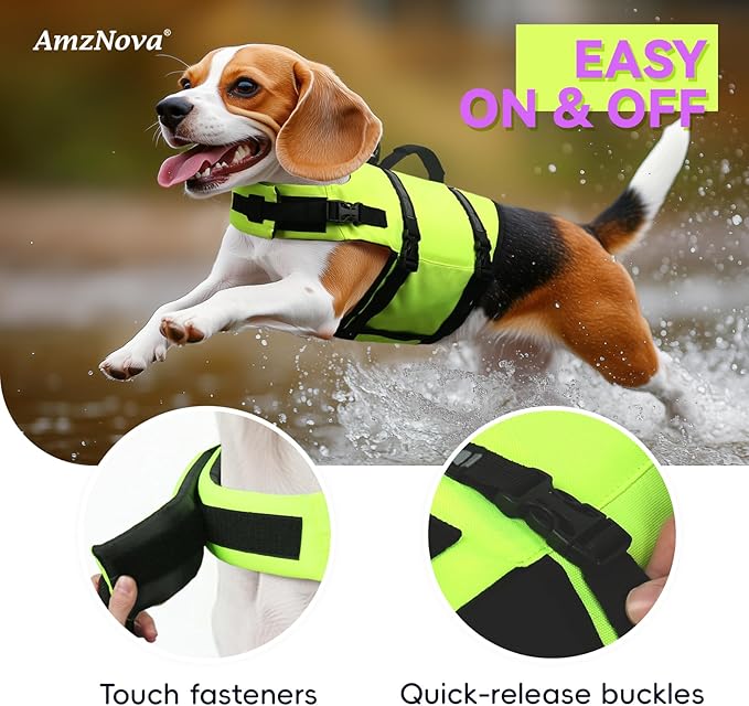 AMZNOVA Rip Stop Dog Life Jacket, Dog Life Vest for Swimming & Boating, Lightweight & Buoyancy for Doggy Puppy, Lifejacket with Handle, S, Bright Yellow