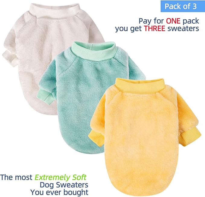 FabriCastle Dog Sweaters, 3-Pack Dog Clothes for Small Dogs Male & Girl, Soft and Warm Pet Coats XXS - XXL, Winter Pet Jackets, Doggy Apparel Costumes Outfits (Beige,Light Green,Yellow, XX-Large)
