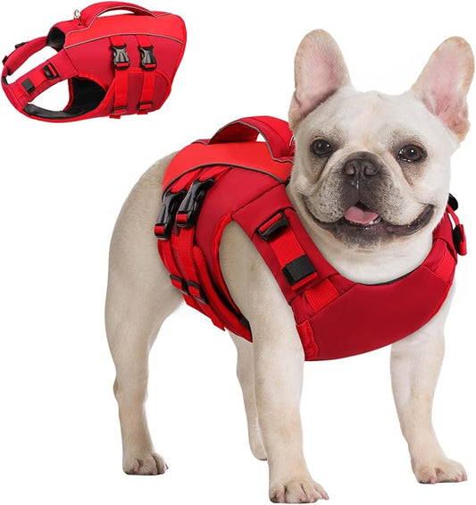 Queenmore XS Dog Life Jacket,Reflective Small Dog Life Vest for Swimming Boating，Adjustable Pet Life Vest for Extra Small Dogs with High Buoyancy,Safety Dog Swimming Vest with Handle(Red,XS)
