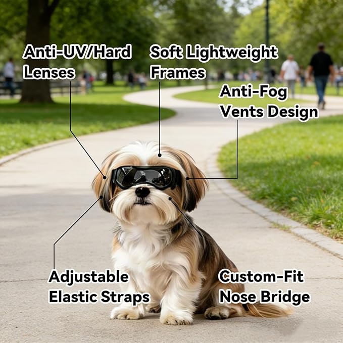 Enjoying Dog Sunglasses Small Breed, Dog Goggles UV Protection, Cycling Eye Protection for Small Dogs, Outdoors Breathable Windproof Dustproof Anti-Fog, Adjustable Straps, Cool Black