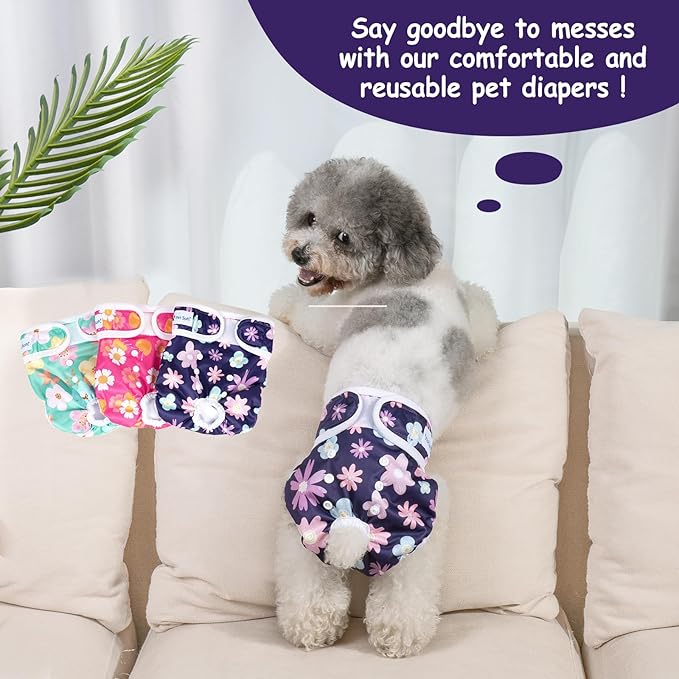 Pet Soft Washable Female Diapers (3 Pack) Female Dog Diapers, Comfort Reusable Doggy Diapers for Girl Dog in Period Heat (Bloom, M)