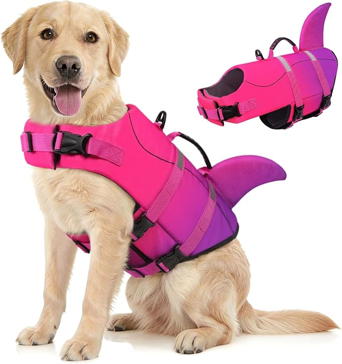 Queenmore Dog Life Jacket High Flotation, Reflective Dog Life Vest for Swimming, Adjustable Dogs Life Preserver Rescue Handle Spring Summer Pool for Small, Medium, Large Dogs (Pink Purple,L)