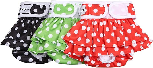 Avont 3 Pack Washable Female Dog Diapers, Reusable Period Diapers Cover for Girl Doggies Heat Cycle, Incontinence -Black/Green/Red Dot(L)
