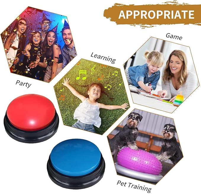 Voice Recording Button, Dog Buttons for Communication Pet Training Buzzer, 30 Second Voice Record and Playback, Funny Gift for Study Office Home 4 Pack Red/Blue/Rose/Orange