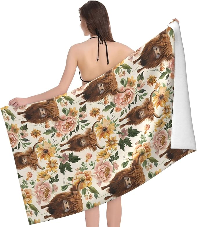 Highland Cow Floral Beach Towel 31inx51in, Rustic Farm Sand-Free Microfiber Bath Towel Ultra Soft Quick Dry Pool Towel Absorbent Towel Lightweight Towel for Swimming Bathroom Decor