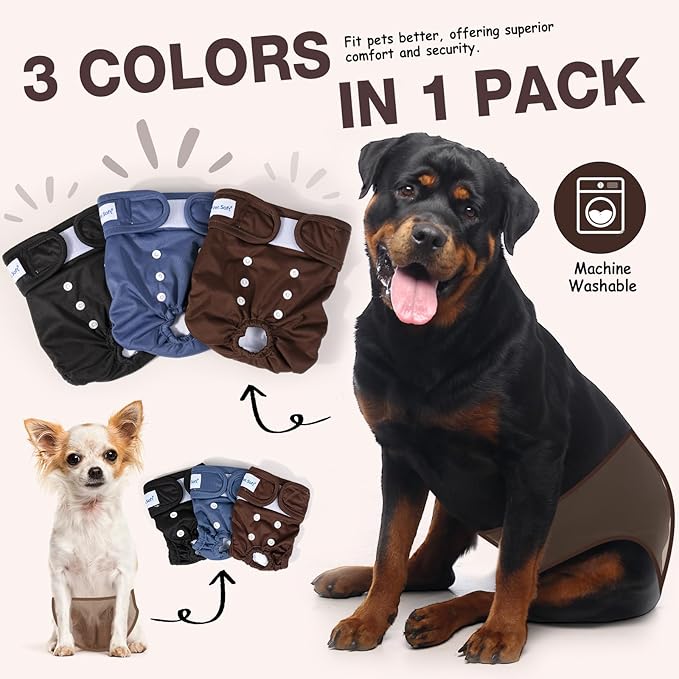 Pet Soft Washable Female Diapers (3 Pack) Female Dog Diapers, Comfort Reusable Doggy Diapers for Girl Dog in Period Heat (Deep Set, XS)