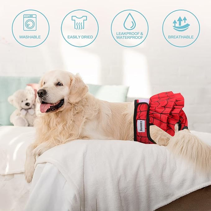 Avont 3 Pack Washable Female Dog Diapers, Reusable Period Diapers Cover for Girl Doggies Heat Cycle, Incontinence -Red/Blue/White(L)