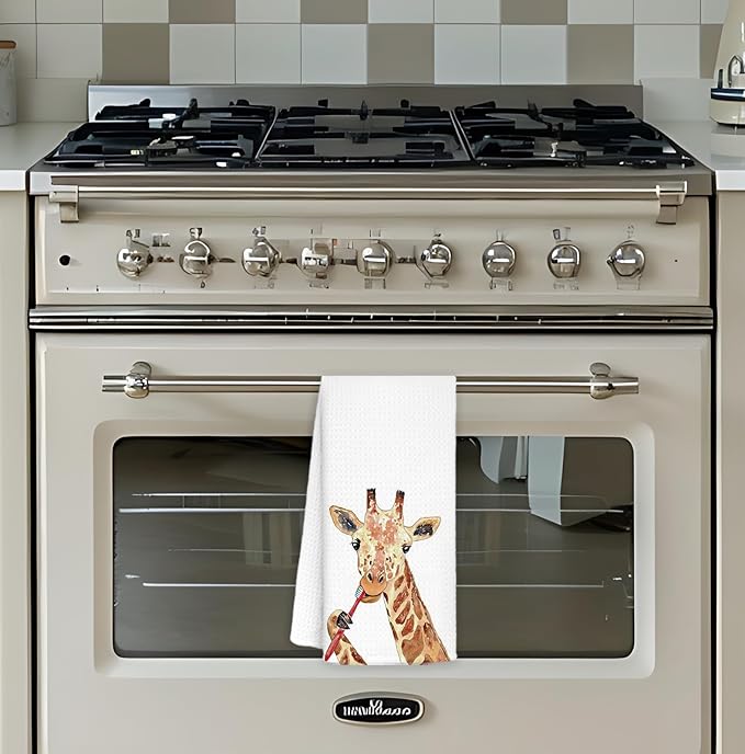 Funny Giraffe Bathroom Hand Towels, Giraffe Gifts for Kids, Kids Bathroom Decor, Brushing Teeth Wild Animal Hand Towels for Bath Room Washroom Toilet, 16x24 Inch