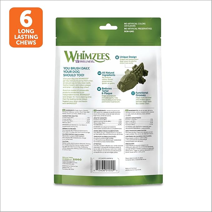 Whimzees Wellness Alligator Dog Dental Treats, Large Size, (6 Count)