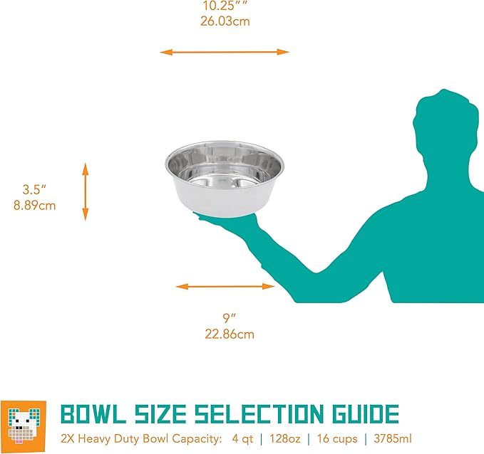 Food & Water Bowl for Cats & Dogs, Heavy-Duty Stainless Steel, Silver, 4 Quart (HD-4Q)