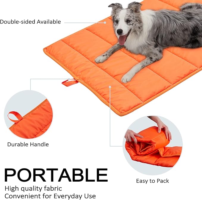 BDEUS Travel Dog Bed, Outdooor Camping Pet Mat, Portable Place Mat with Handle, Easy to Clean, Waterproof & Portable and Odor Resistant Pet Cooling Pad (X-Large 51" x 35", Orange)