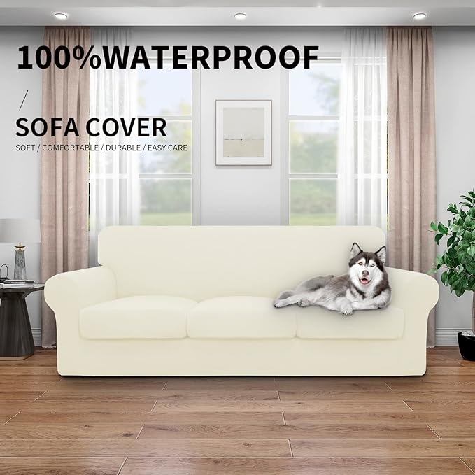 Easy-Going 100% Dual Waterproof 4 Pieces Stretch Soft Couch Cover for Dogs, Sofa Slipcover for 3 Separate Cushion Couch Leakproof Furniture Protector for Kids, Pets Ivory