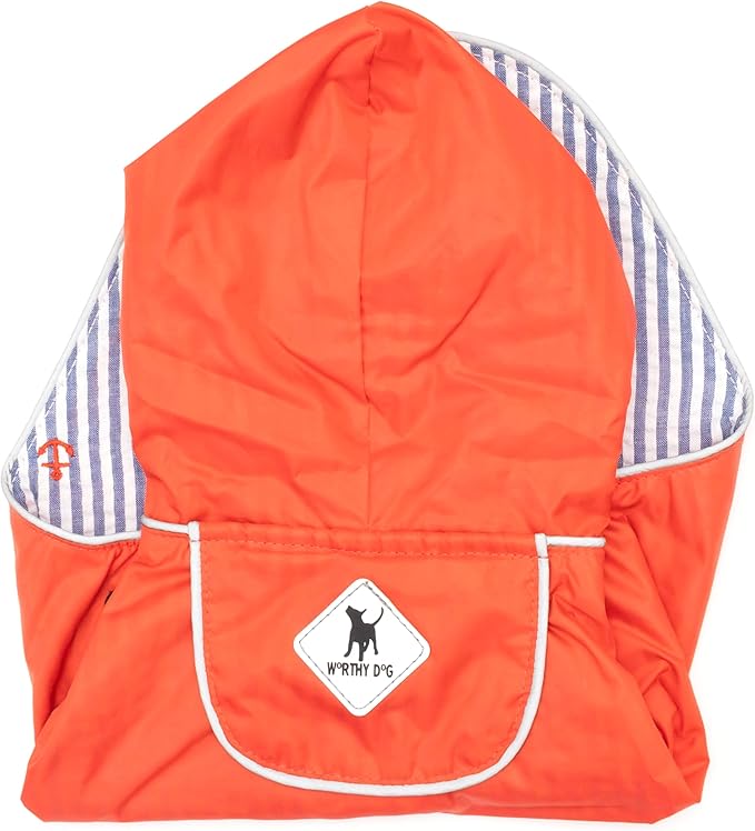 THE WORTHY DOG Seattle Slicker Dog Rain Jacket – Lightweight Water-Resistant Coat with Reflective Trim, Adjustable Fit, Hood Drawcord & Covered Harness Hole - Red, X-Small