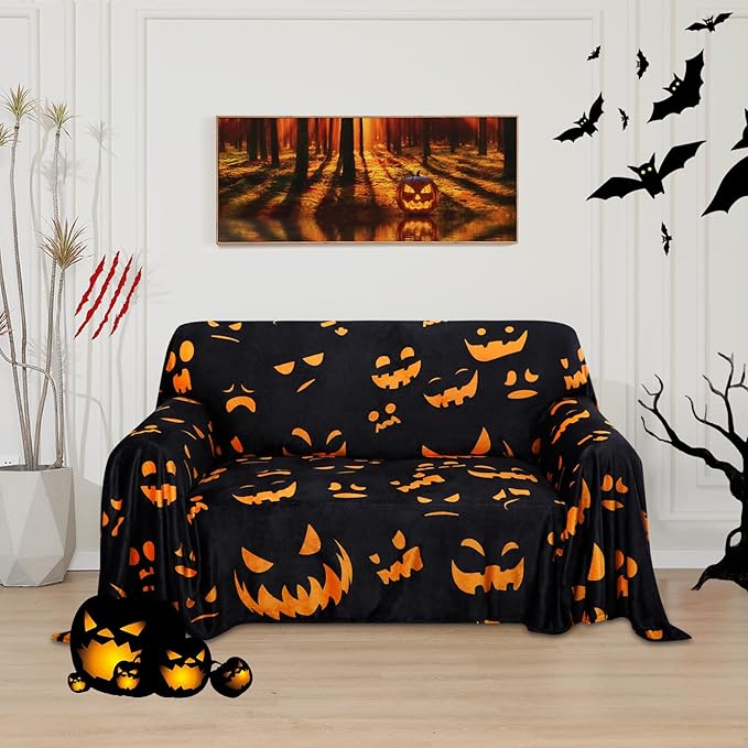 Easy-Going 80X118 inches Halloween Loveseat Sofa Cover, Jacquard Velvet Couch Slipcover for 2 Cushion Couch, L Shape Sectional Covers for Dogs, Washable Sofa Blanket, Furniture Protector