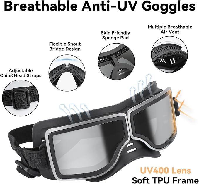 PETLESO Dog Goggles Medium Large Breed, UV400 Dog Sunglasses for Pet Outdoor Riding Driving Hiking, Windproof Snowproof Eyes Protection, Breathable Frame Adjustable Strap, Black